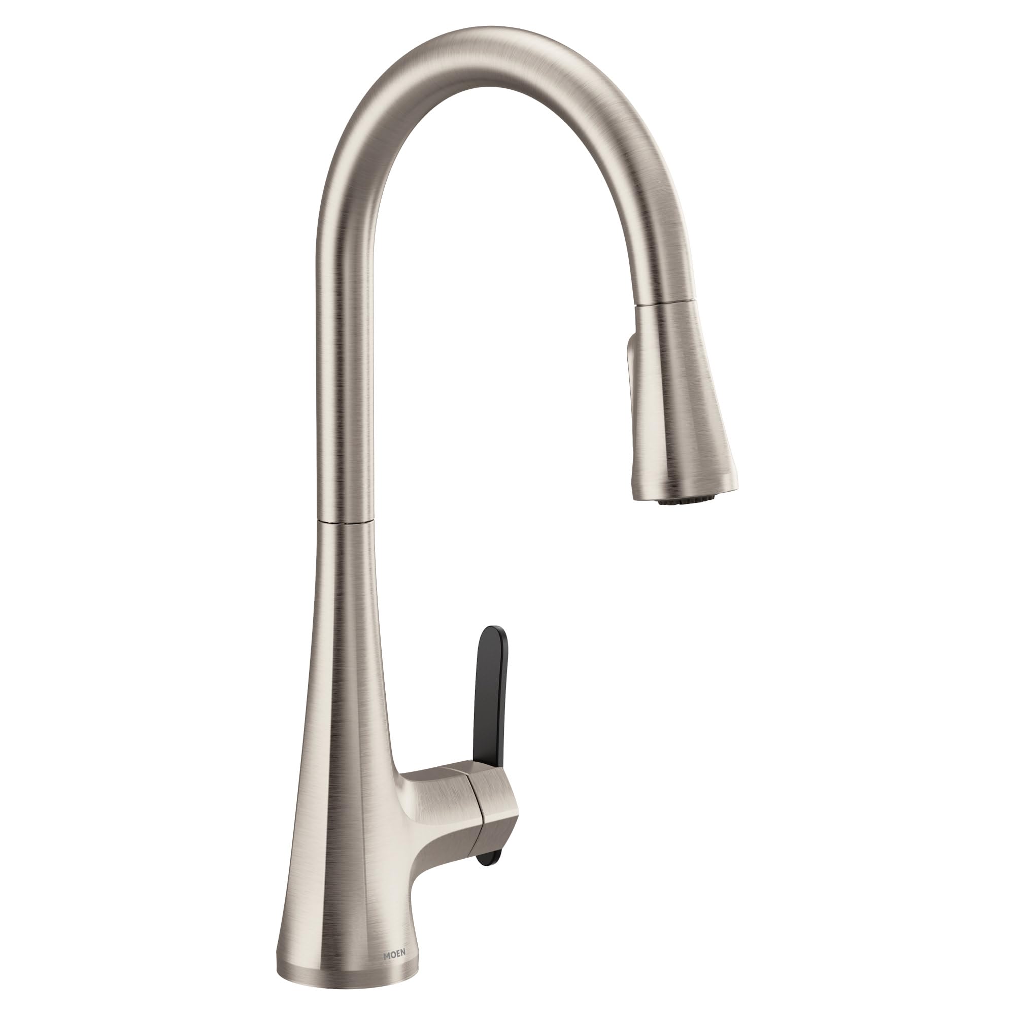 Stainless steel pulldown kitchen faucet with high arc spout, single black handle, and retractable spray head.