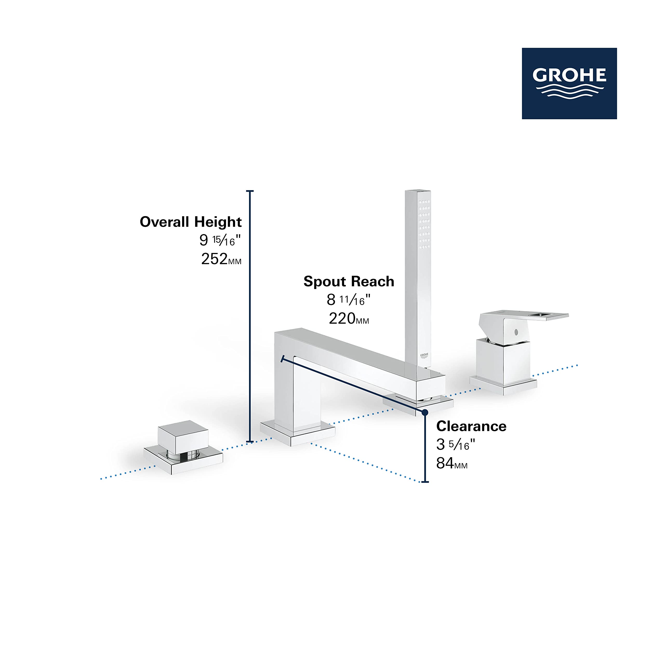 Grohe Eurocube brushed cool sunrise deck mount roman tub faucet with single handle, tall spout, and hand shower attachment.