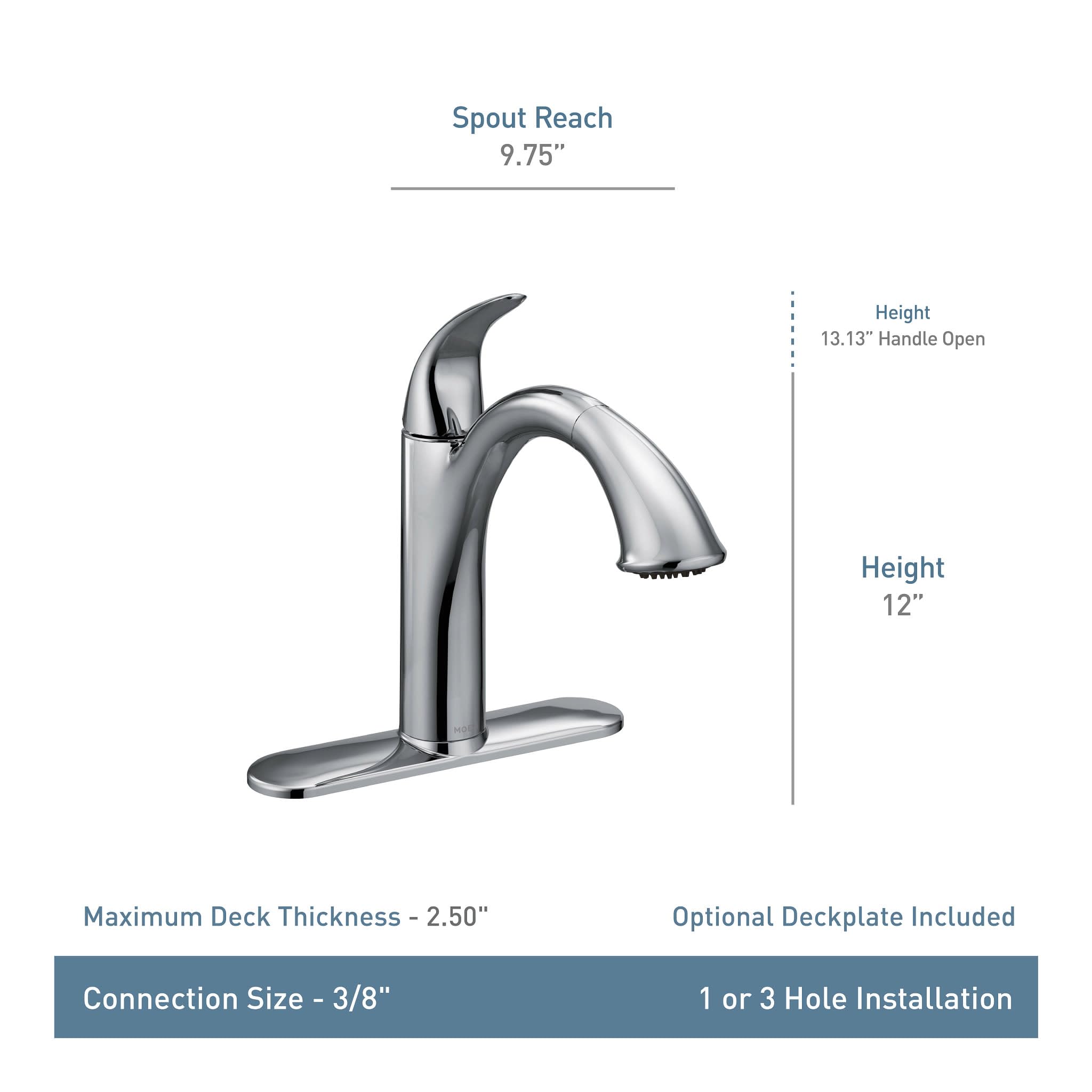 Spot resist stainless steel kitchen faucet with single handle, pullout spray head, and curved spout measuring 9.75 inches rea