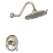 Polished nickel shower trim kit with curved wall-mounted arm, oval showerhead with spray holes, and single-handle valve trim 