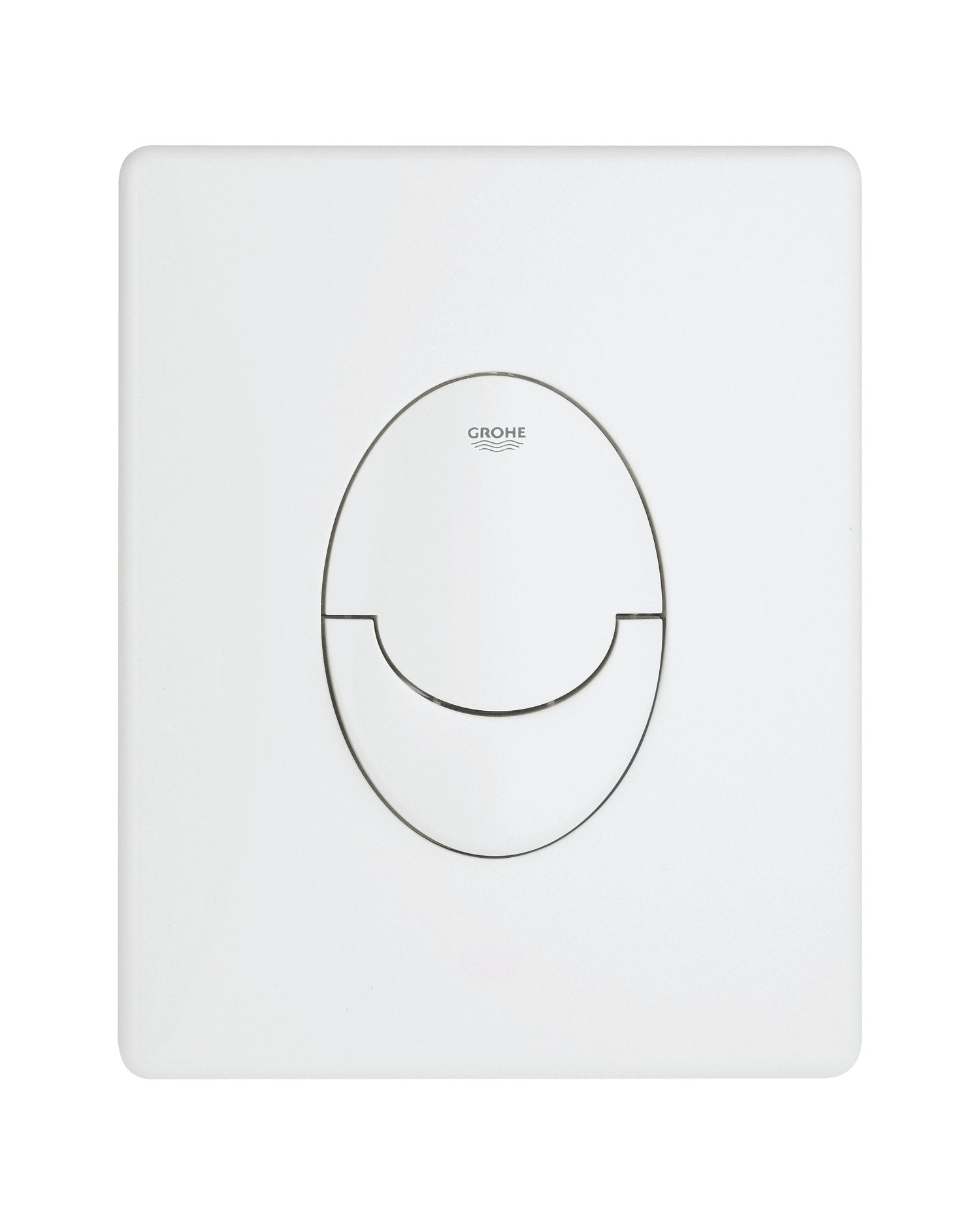 White rectangular wall plate with rounded corners featuring oval cutout and Grohe branding.