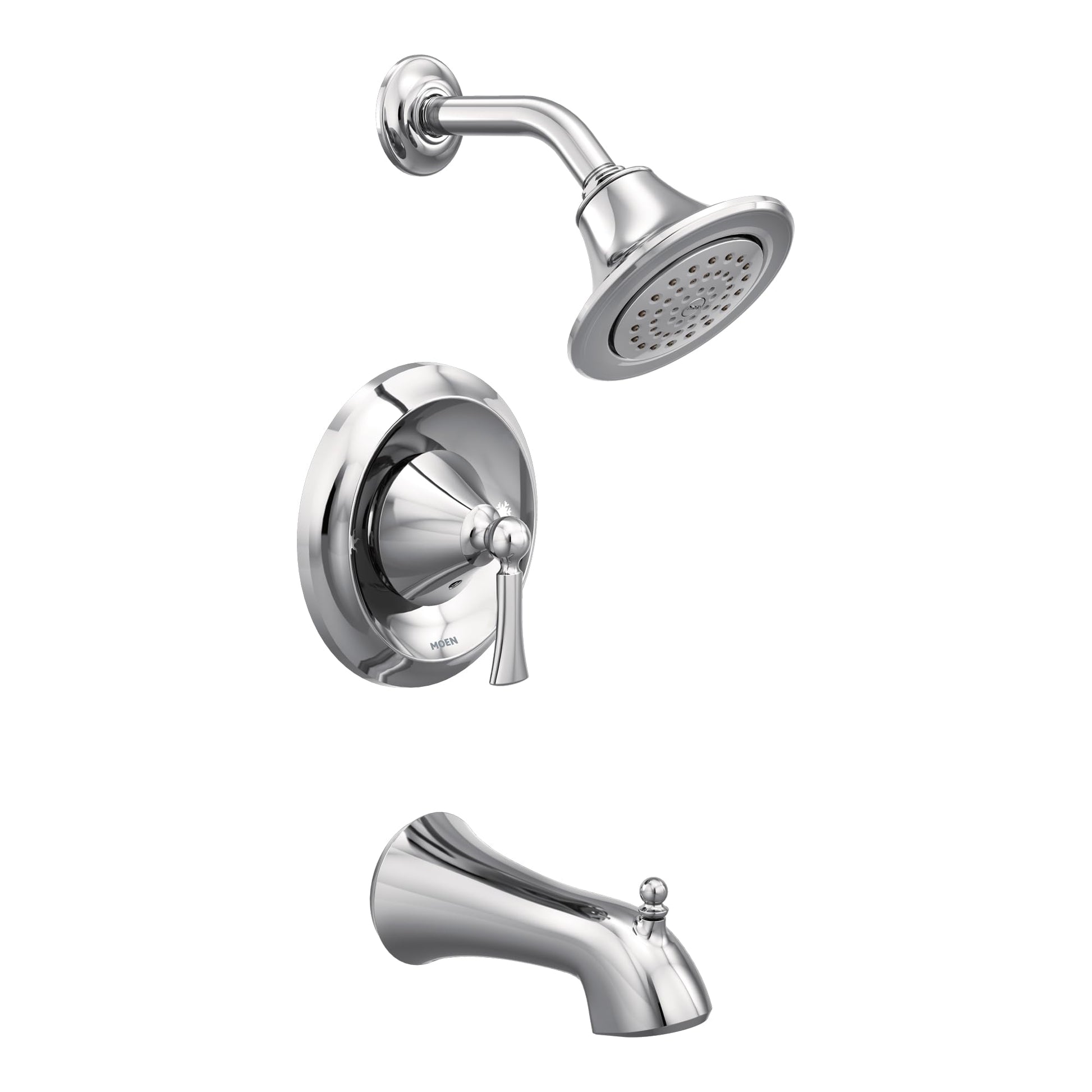 Chrome tub and shower trim kit with showerhead, valve trim, and tub spout.