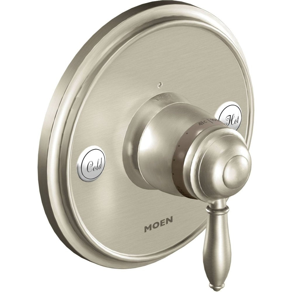 Brushed nickel valve trim with circular backplate, lever handle, and hot/cold indicator buttons.