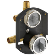 Black plastic shower diverter valve with brass threaded ports and two chrome-trimmed outlet connections.