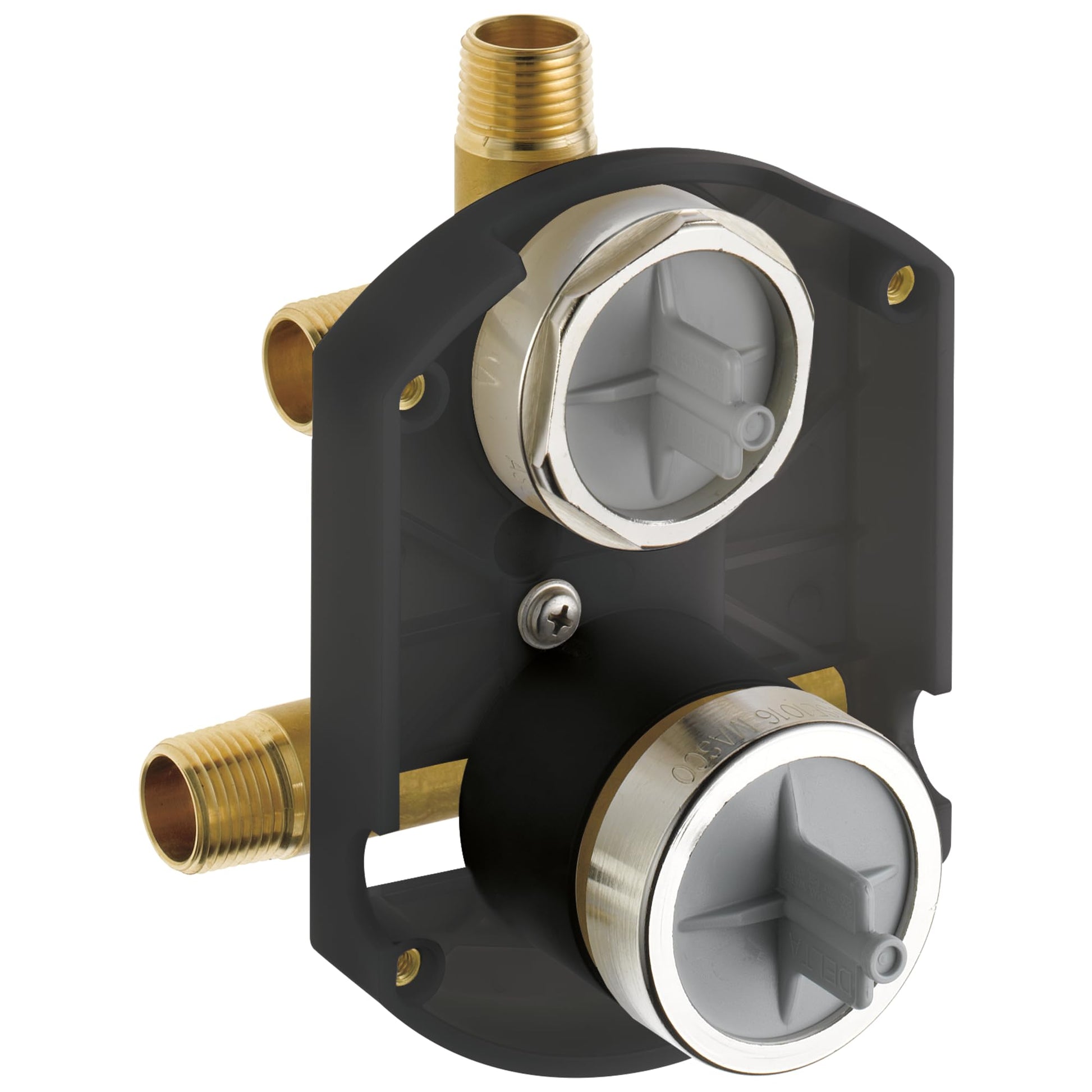 Black plastic shower diverter valve with brass threaded ports and two chrome-trimmed outlet connections.