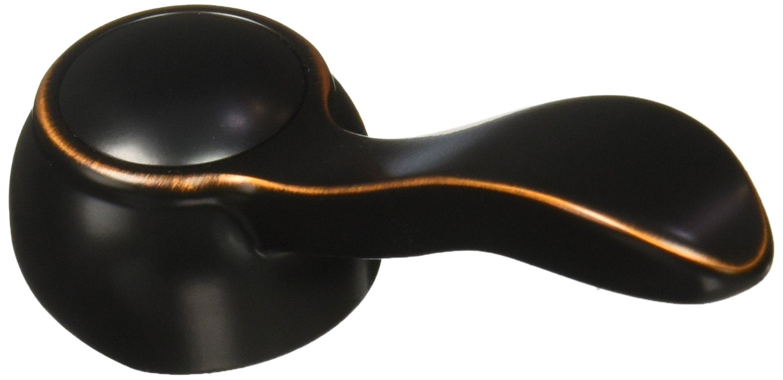 Oil rubbed bronze metal lever handle with curved design and rounded base for bathroom faucet installation.