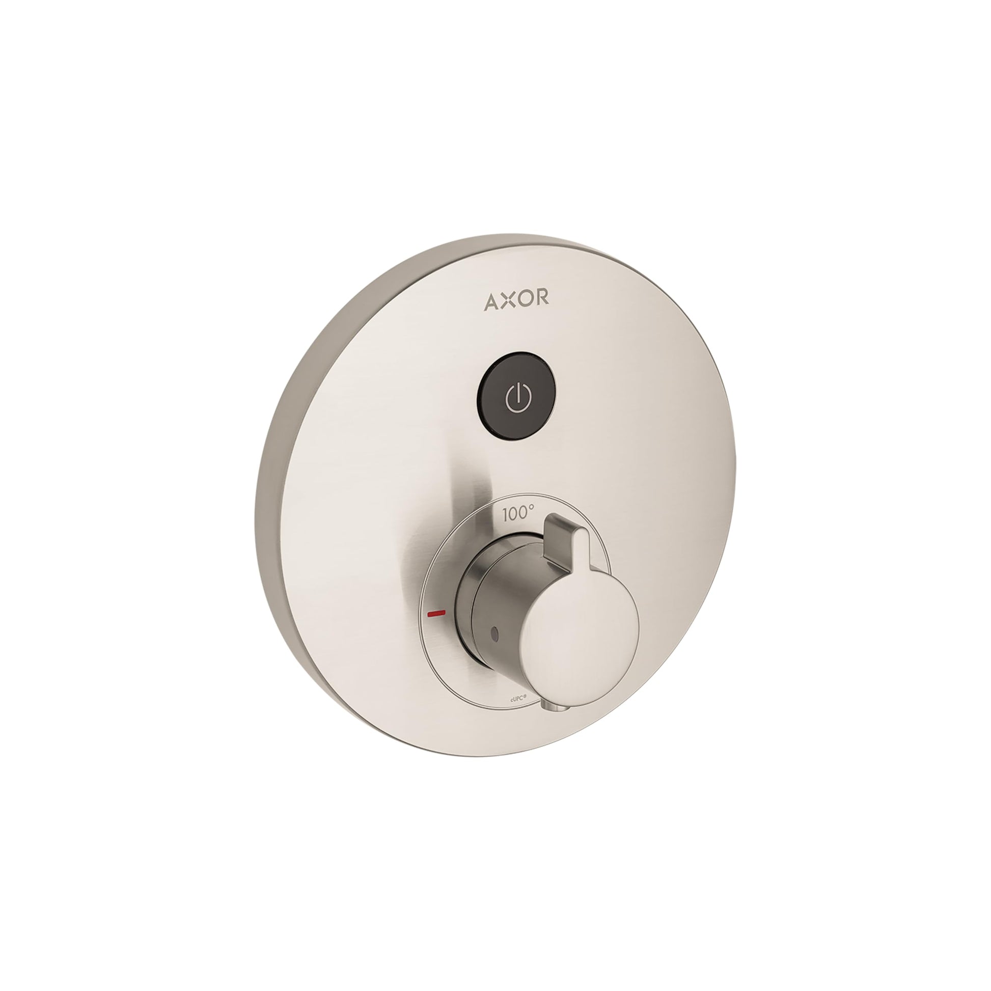 Round brushed nickel shower valve trim with single control dial and power button.