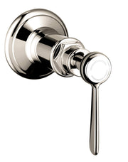 Polished nickel shower volume control trim with lever handle and circular escutcheon plate.