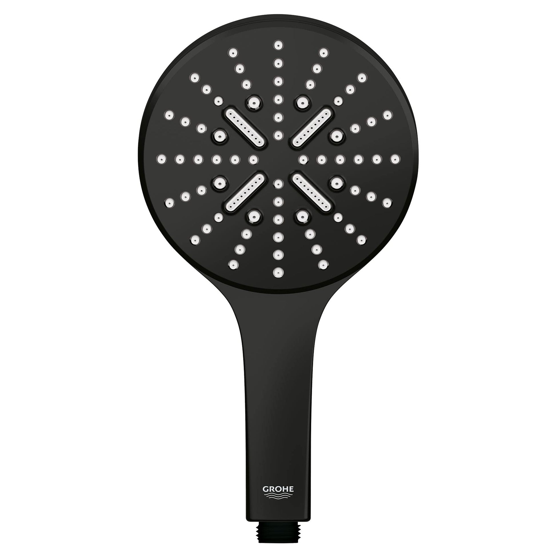 Matte black hand shower with circular head featuring multiple spray holes and three spray pattern selectors.