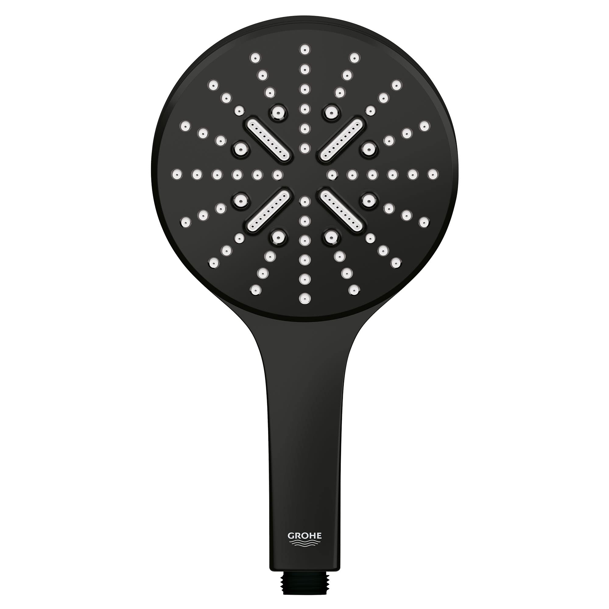 Matte black hand shower with circular head featuring multiple spray holes and three spray pattern selectors.