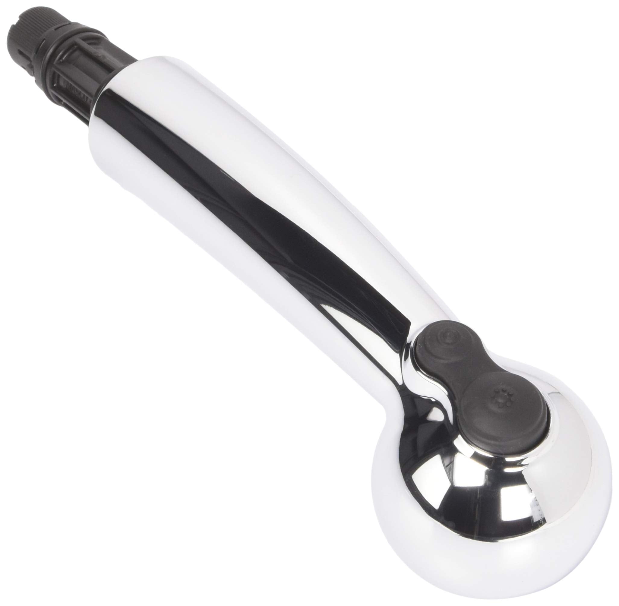 Chrome pull-out wand assembly with black rubber grip handle and rounded spray head connector.