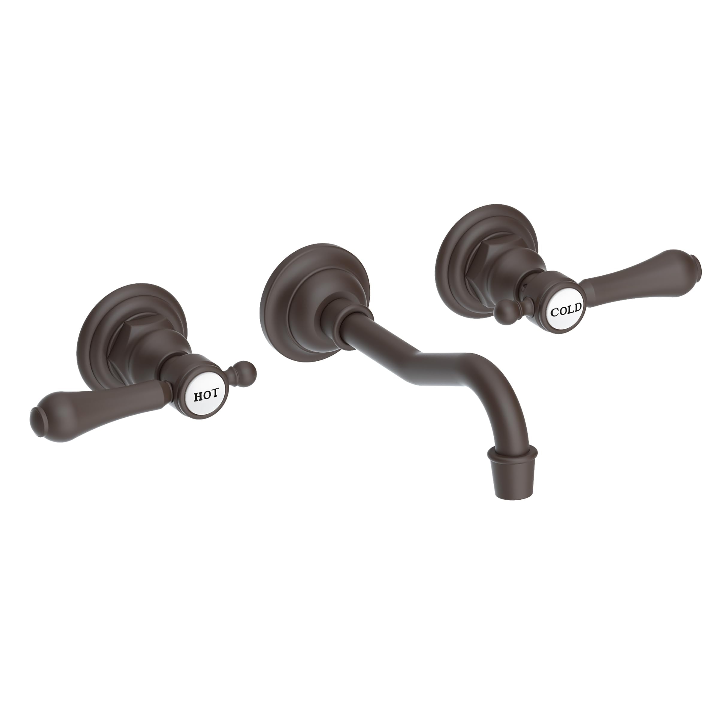 Oil-rubbed bronze wall-mount bathroom faucet with curved spout and separate hot and cold lever handles.