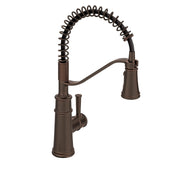 Oil rubbed bronze kitchen faucet with coiled spring spout and single side handle.