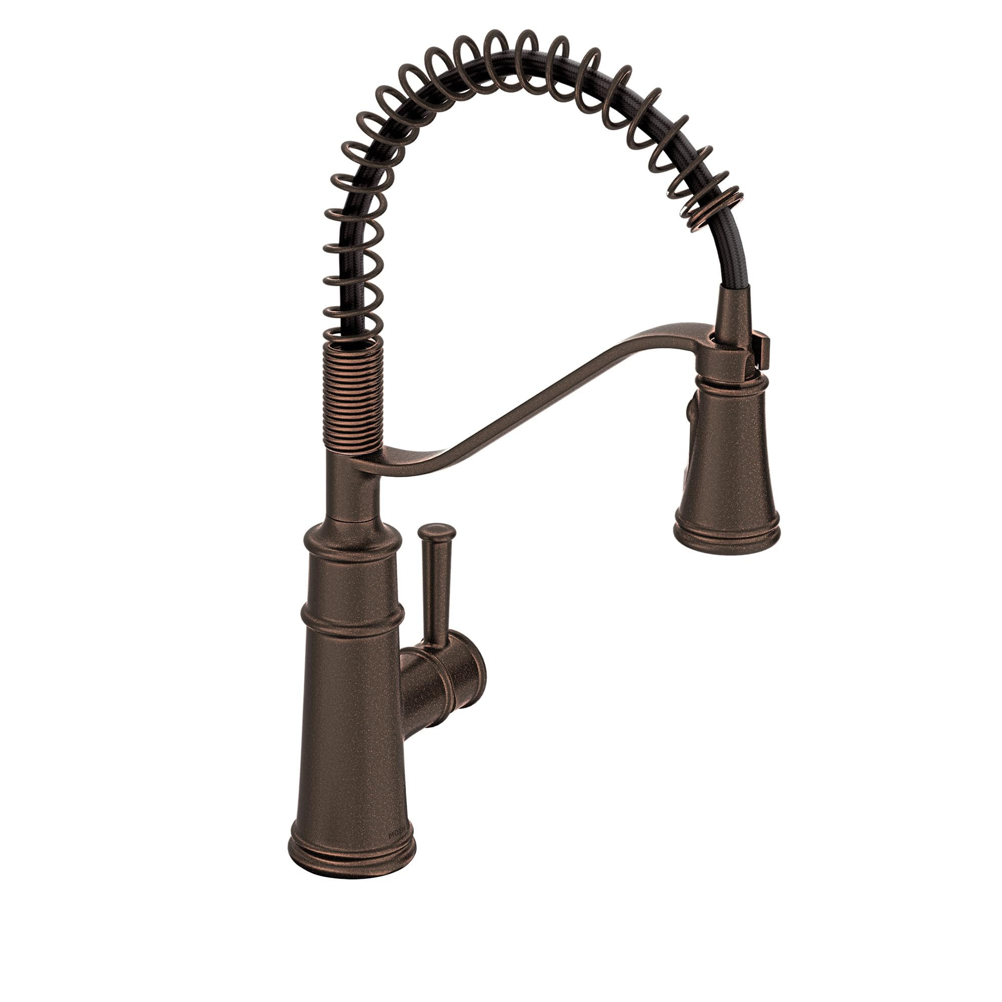 Oil rubbed bronze kitchen faucet with coiled spring spout and single side handle.