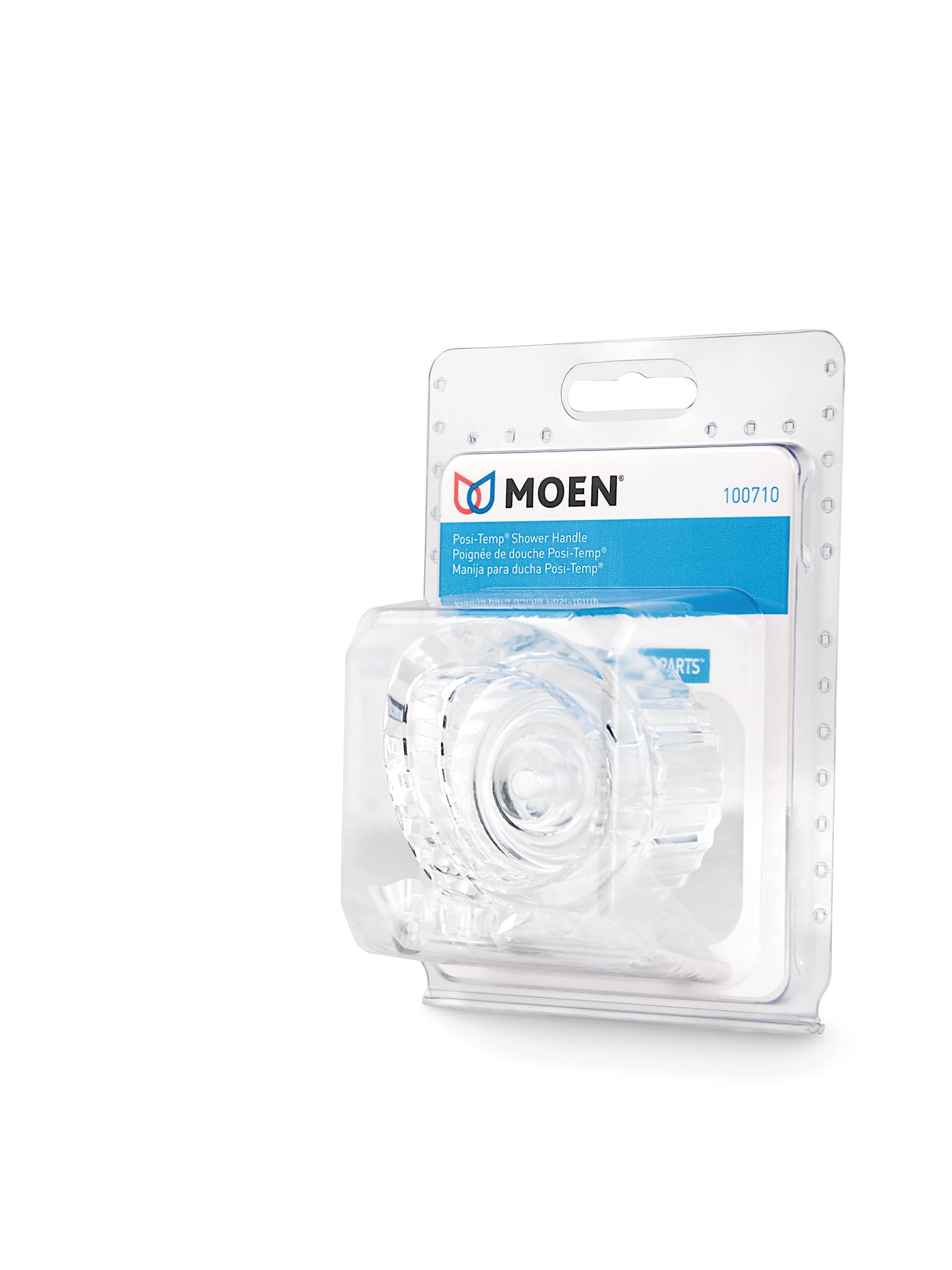 Clear plastic Moen Posi-Temp shower handle with ridged grip design in retail clamshell packaging.