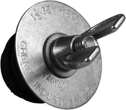 Steel mechanical test plug with black lever handle and stamped sizing information on circular face.