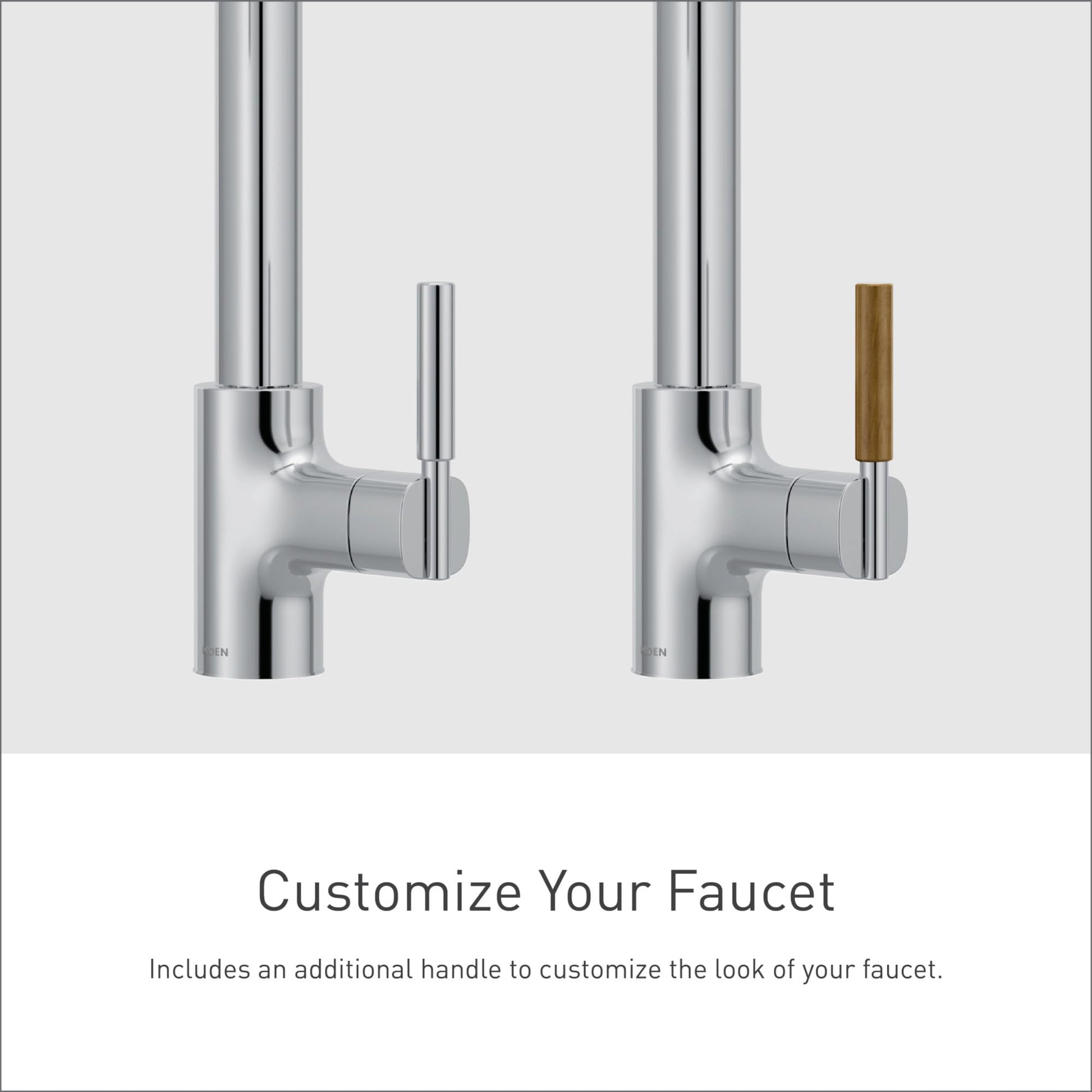 Chrome bar pulldown faucet with single handle shown in two configurations with interchangeable handles.