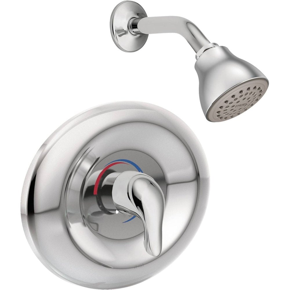 Chrome shower trim kit with round escutcheon, single-handle lever control, and matching showerhead with perforated face.