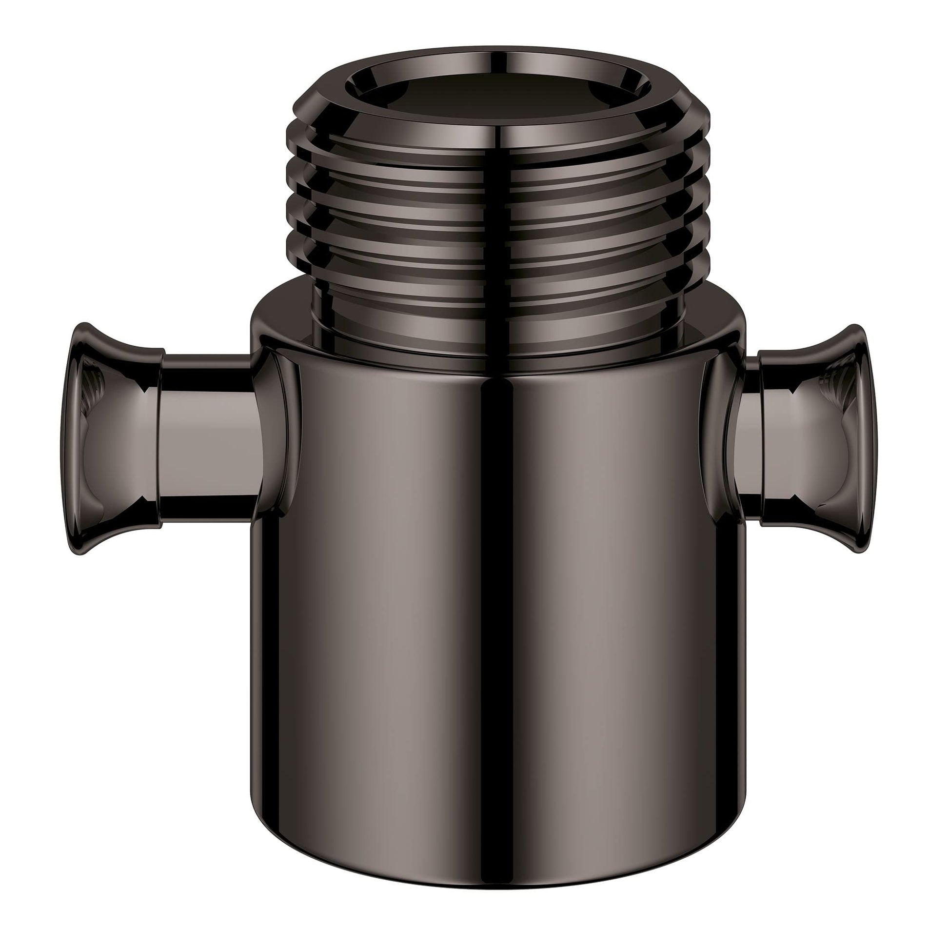 Hard graphite cylindrical valve body with threaded top connection and two side outlet ports for shower head compatibility.