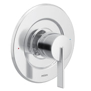 Chrome single-handle shower valve trim with round escutcheon plate, lever handle, and temperature indicator dots.