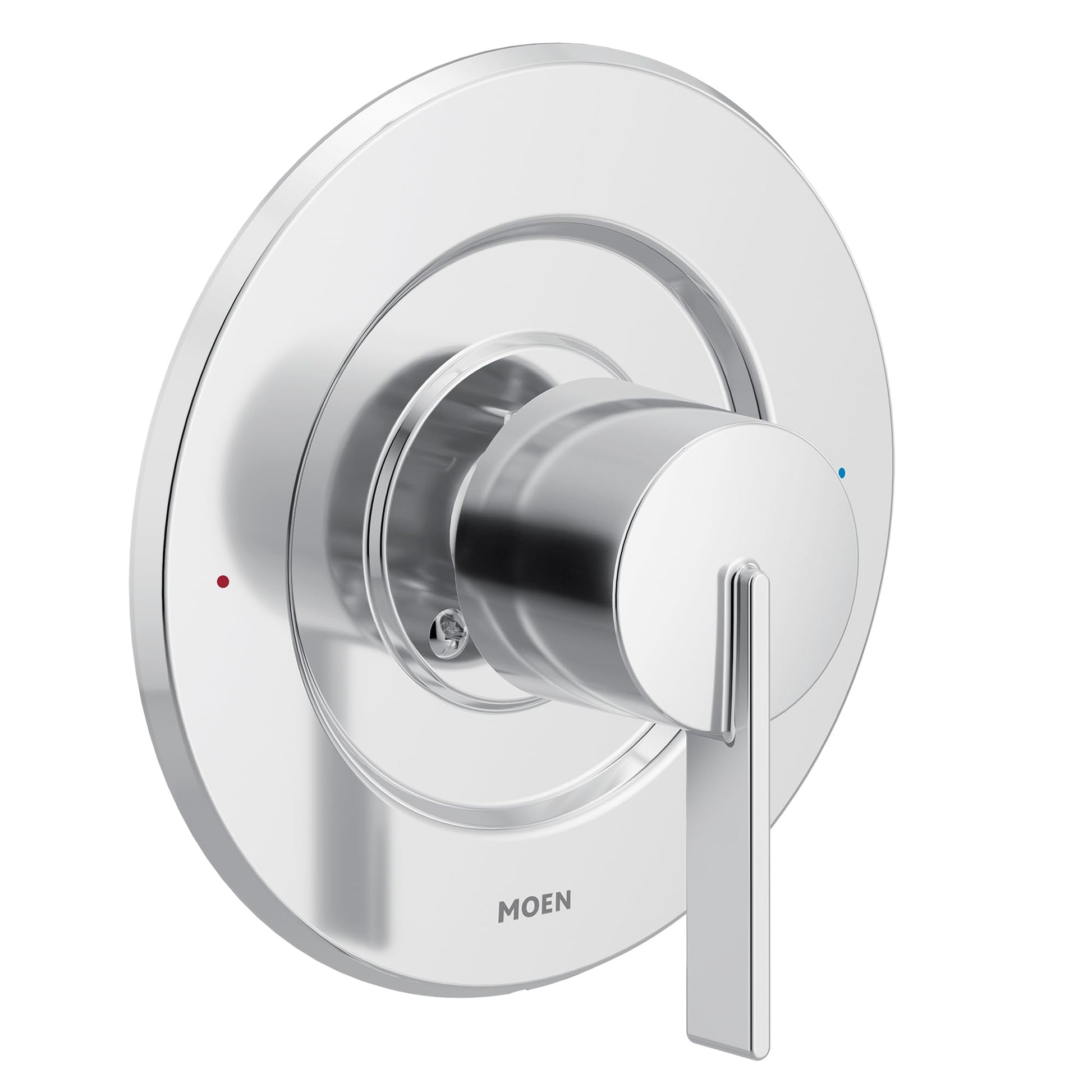 Chrome single-handle shower valve trim with round escutcheon plate, lever handle, and temperature indicator dots.