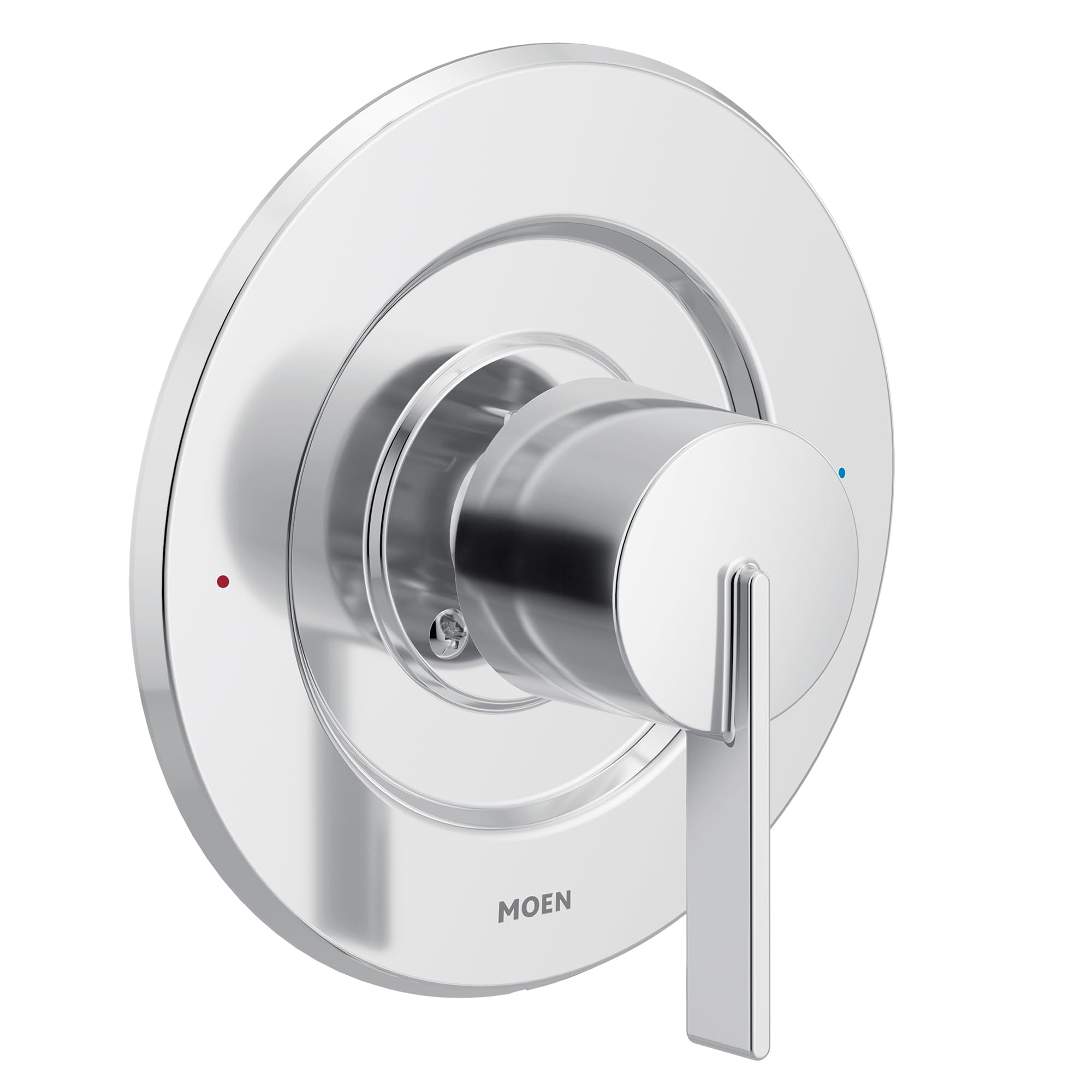 Chrome single-handle shower valve trim with round escutcheon plate, lever handle, and temperature indicator dots.