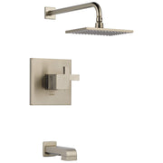 Brushed nickel thermostatic tub/shower trim with square wall valve, overhead rain showerhead, and tub spout.