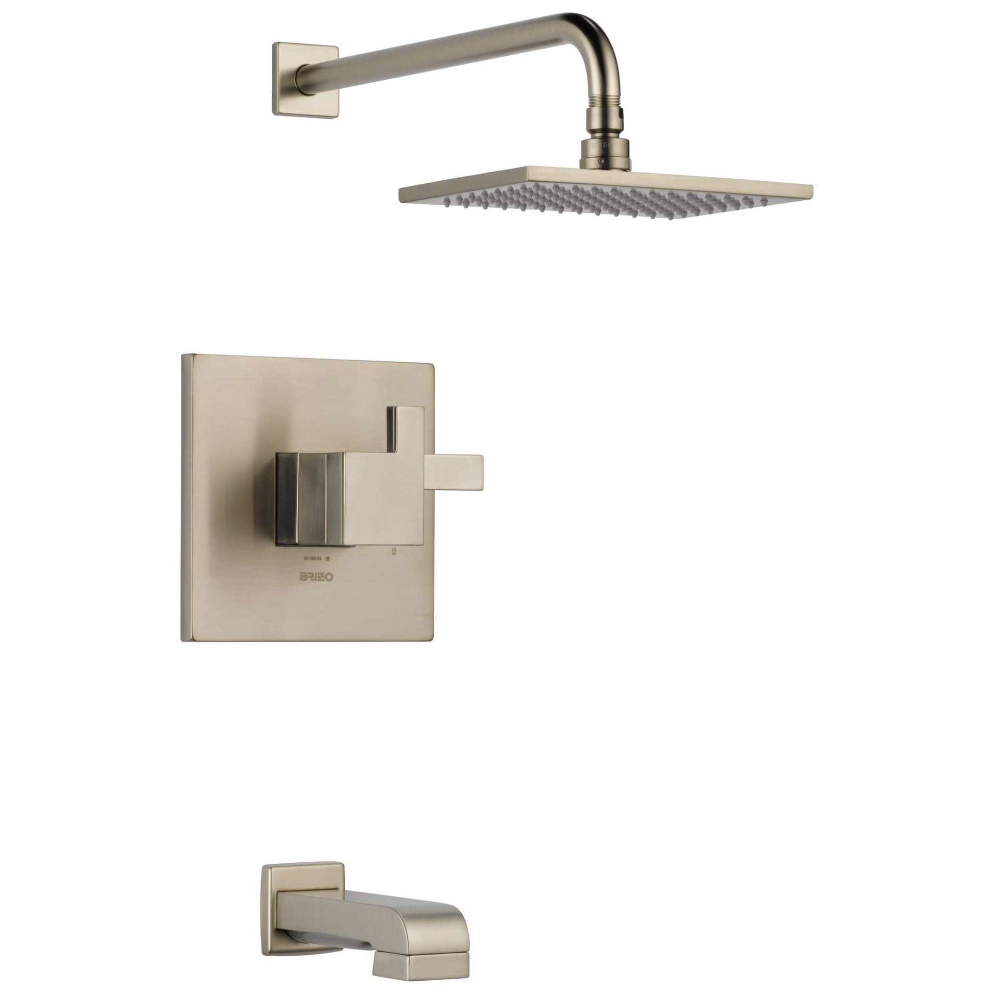 Brushed nickel thermostatic tub/shower trim with square wall valve, overhead rain showerhead, and tub spout.