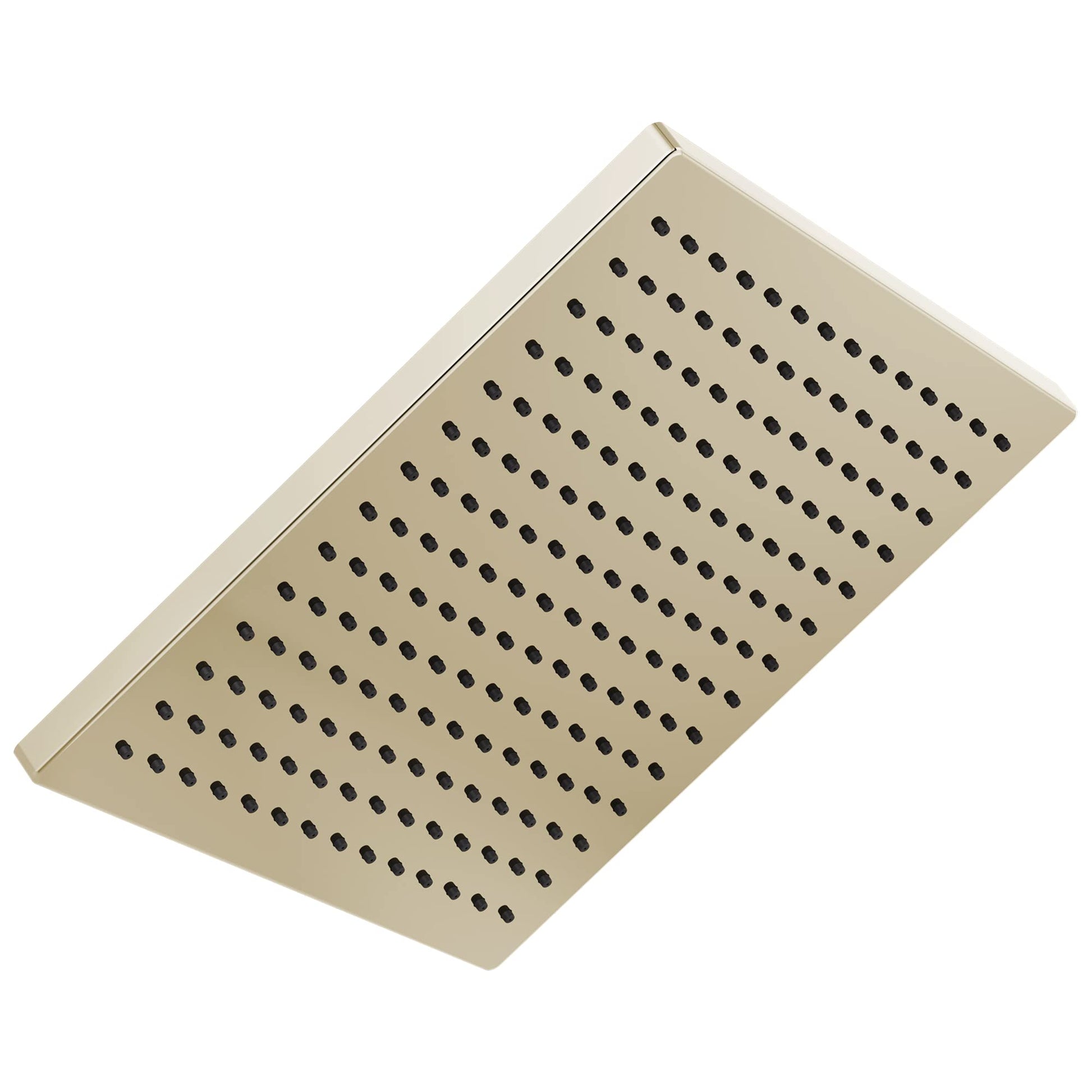 Square metal raincan shower head with evenly spaced perforations in brushed nickel finish.