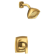 Brushed gold shower trim kit with single handle lever valve and square showerhead with perforations.