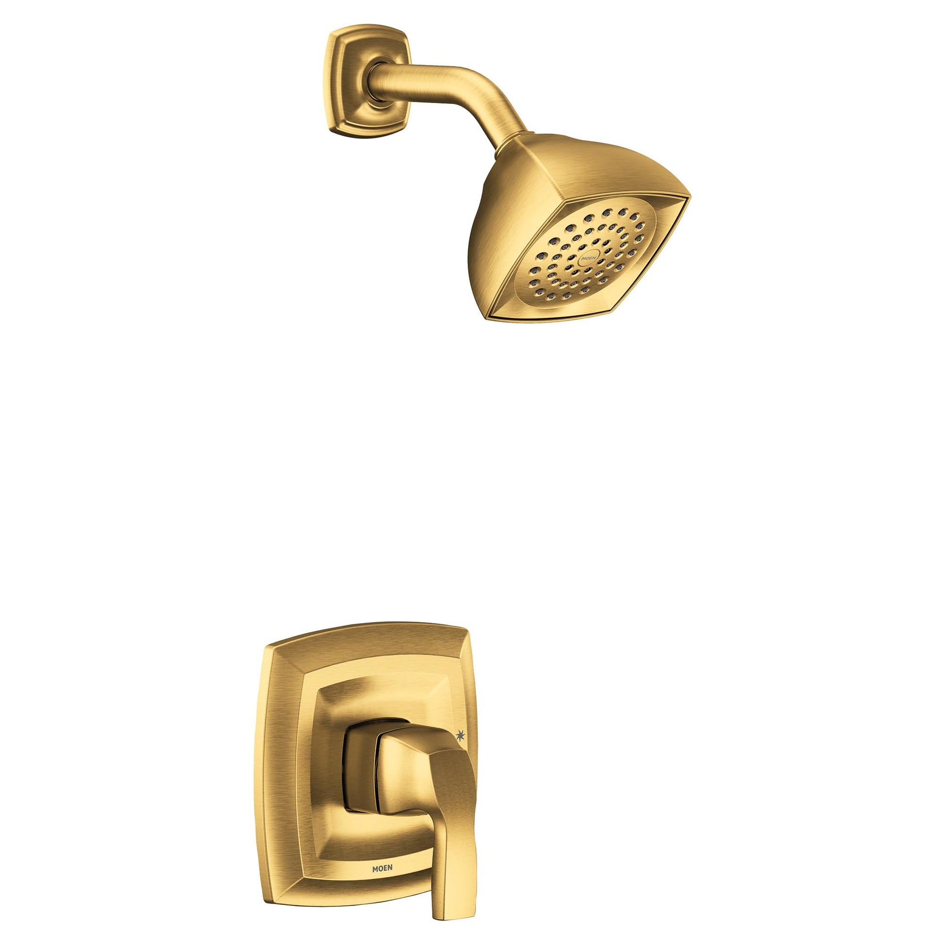 Brushed gold shower trim kit with single handle lever valve and square showerhead with perforations.