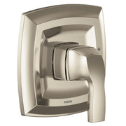 Polished nickel shower trim kit with single handle lever and curved rectangular escutcheon plate.
