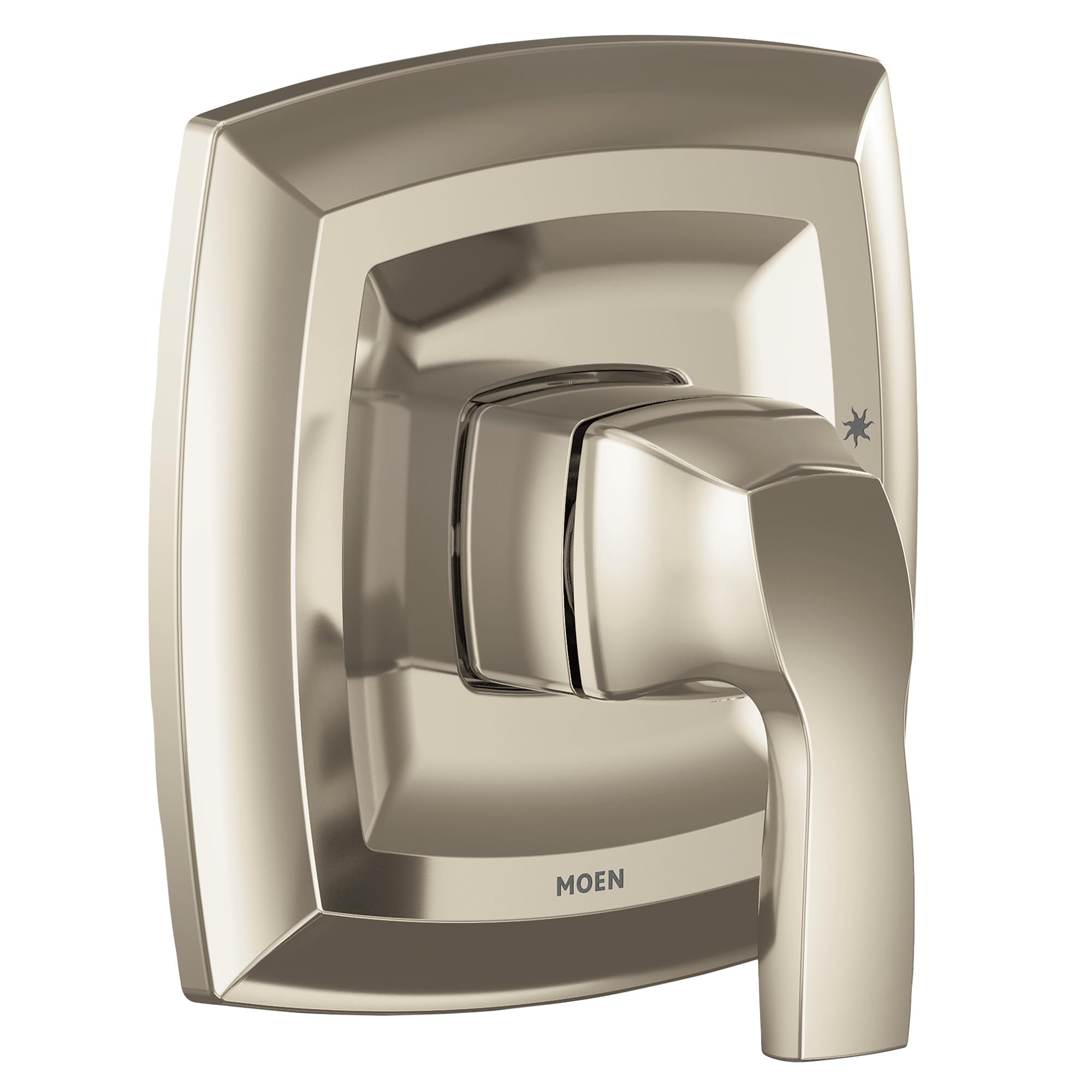 Polished nickel shower trim kit with single handle lever and curved rectangular escutcheon plate.