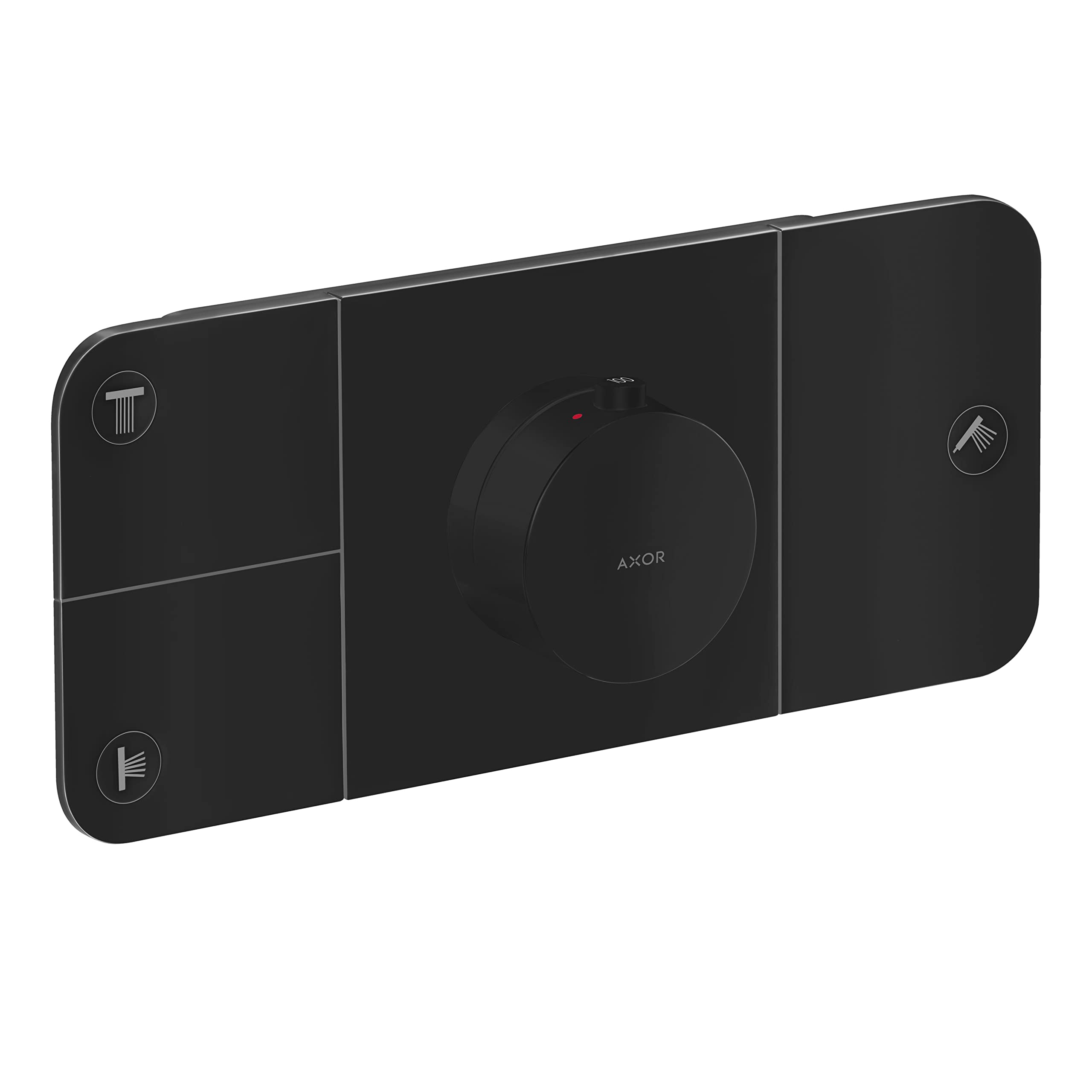 Matte black thermostatic shower valve trim with central rotary dial and three function buttons on rectangular plate.