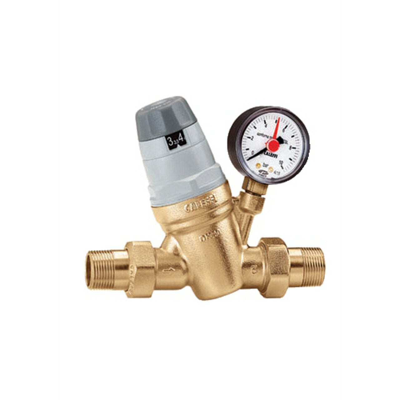 Brass auto-fill valve with gray actuator cap and integrated pressure gauge showing dial reading in psi.