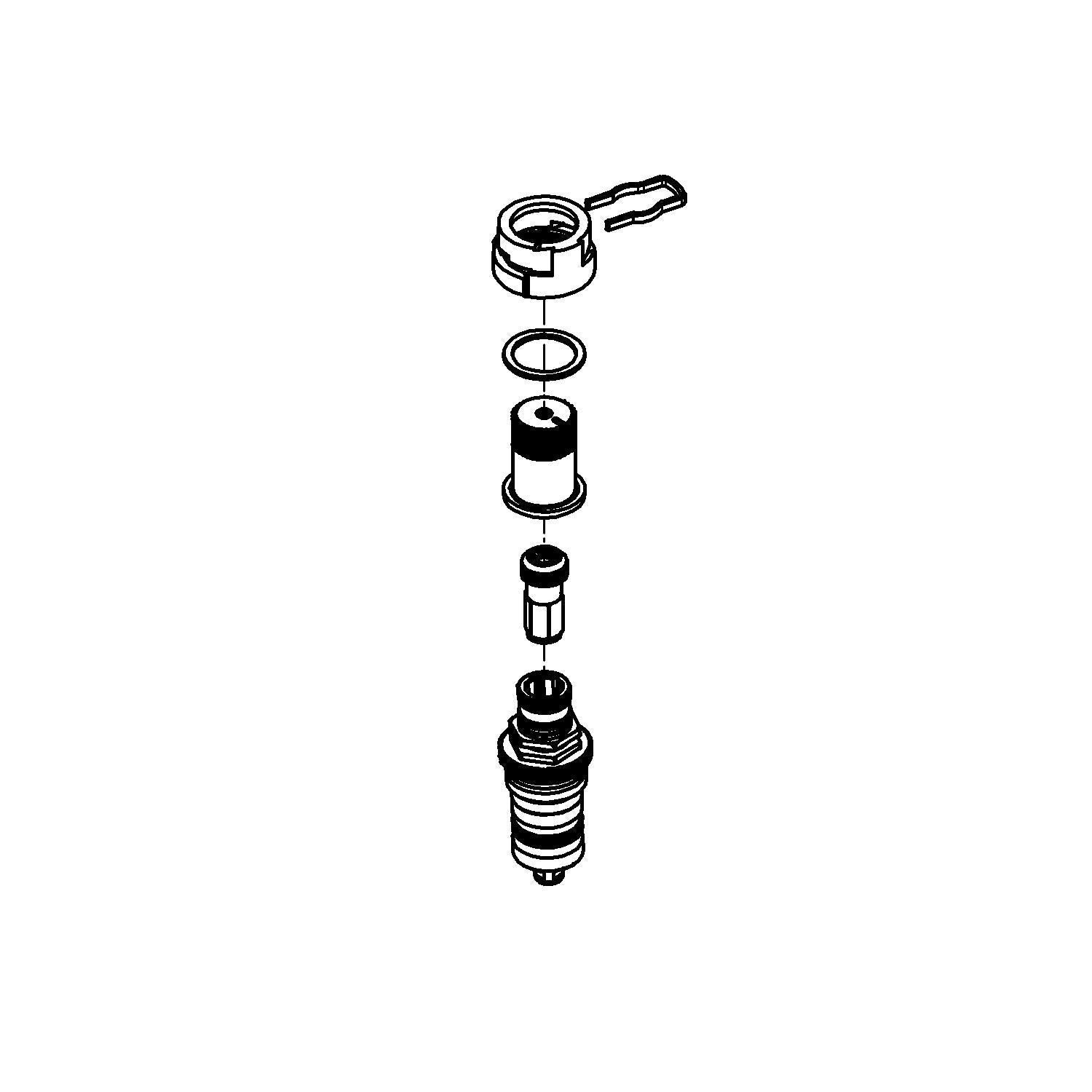 Exploded view diagram of Grohe thermostatic cartridge assembly with handle, cap, cartridge body, and internal components.