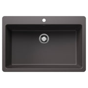 Cinder-colored single bowl drop-in sink with chrome drain strainer and faucet hole.