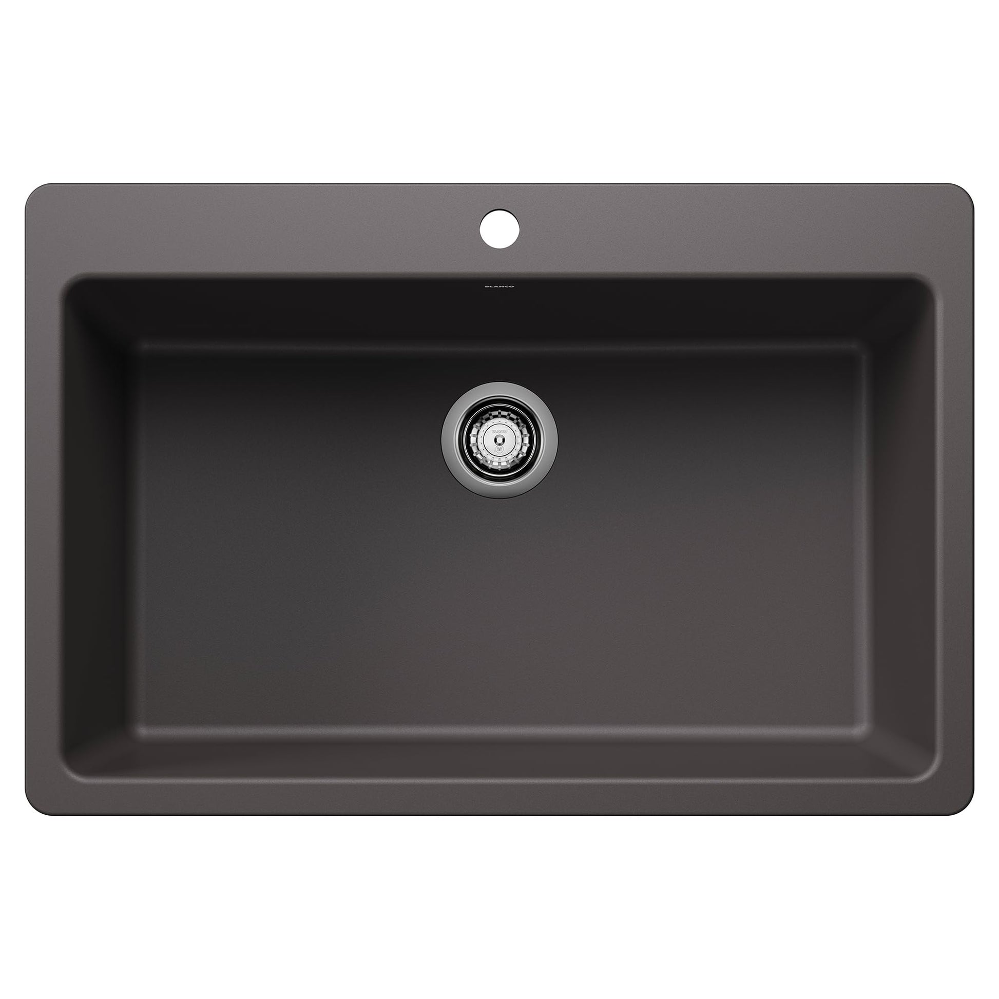 Cinder-colored single bowl drop-in sink with chrome drain strainer and faucet hole.