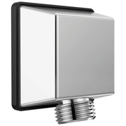 Square chrome wall elbow with threaded male connection for hand shower attachment.
