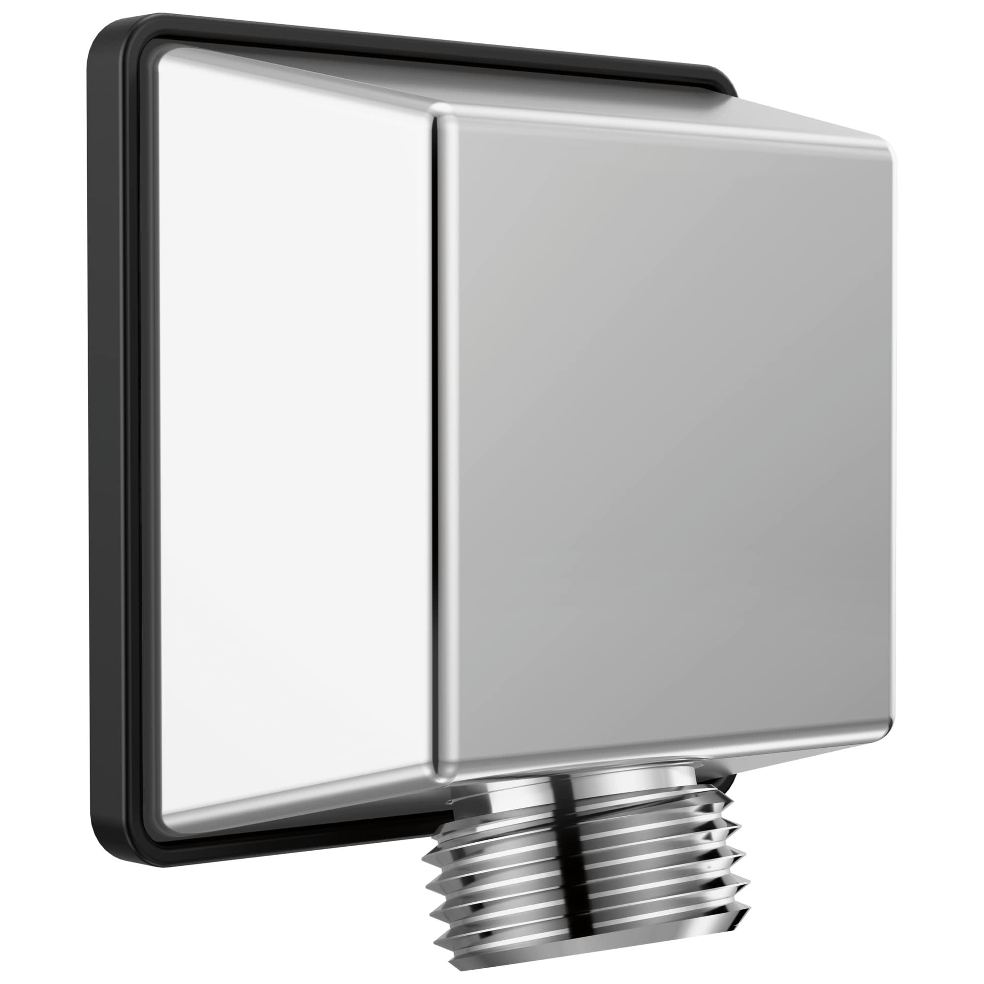 Square chrome wall elbow with threaded male connection for hand shower attachment.