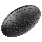 Matte black round rain shower head with multiple spray nozzles arranged in concentric circles.