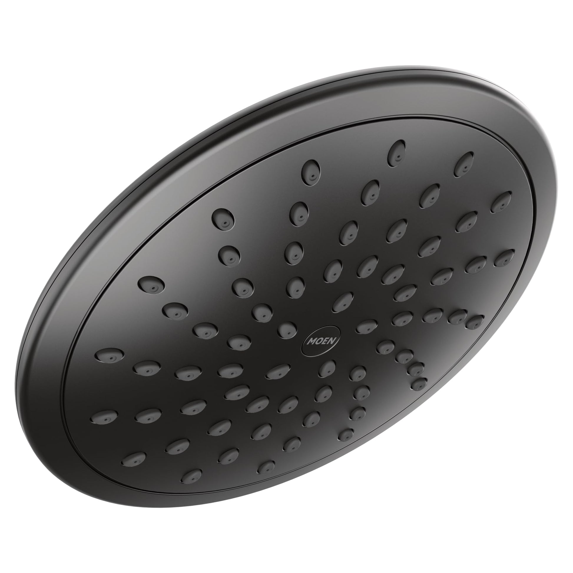 Matte black round rain shower head with multiple spray nozzles arranged in concentric circles.