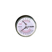 Caleffi dual gauge with black case showing pressure and temperature scales with two pointers.