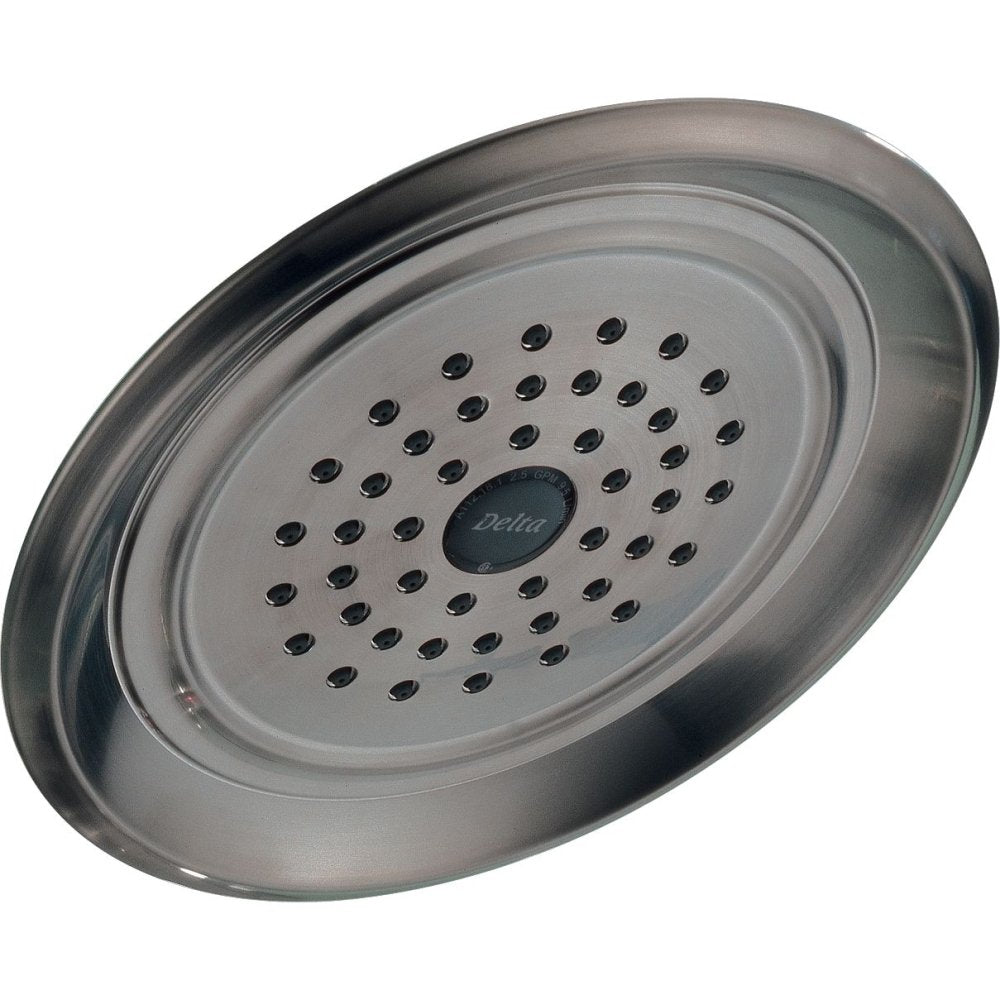 Stainless steel raincan shower head with multiple spray jets arranged in concentric circles and Delta logo in center.