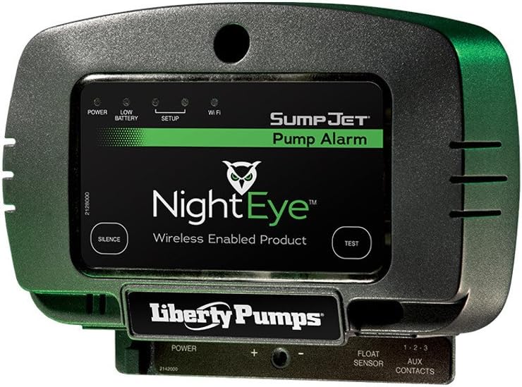 Liberty Pumps NightEye wireless sump pump alarm controller with green and gray housing, display screen, and control buttons.