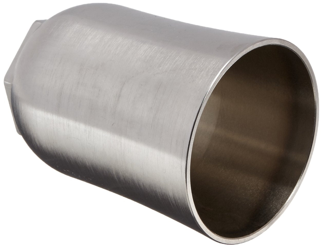 Brushed stainless steel cylindrical valve sleeve with open end and mounting flange on side.