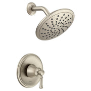 Brushed nickel shower system with round rainshower head and wall-mounted control valve trim in satin finish.