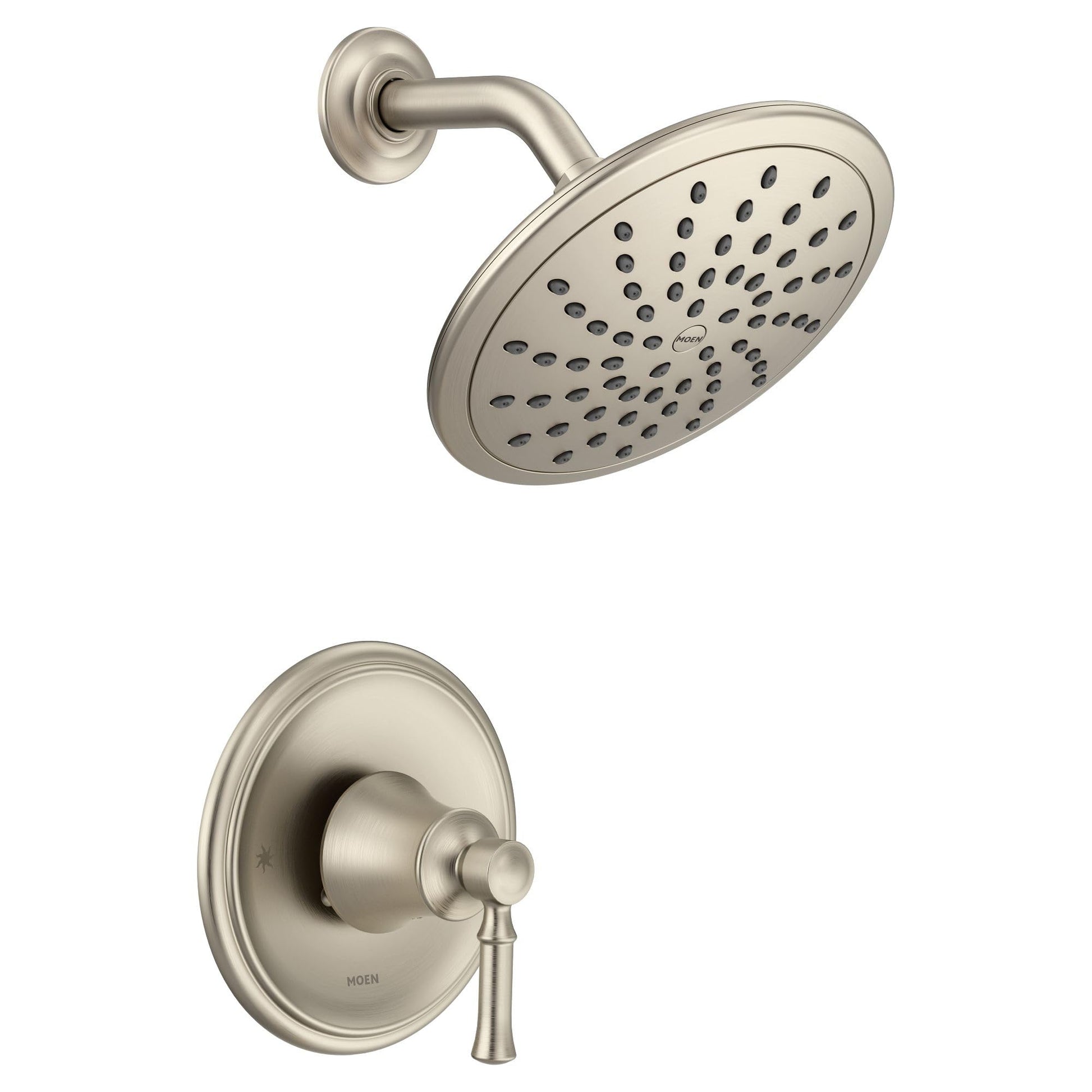 Brushed nickel shower system with round rainshower head and wall-mounted control valve trim in satin finish.