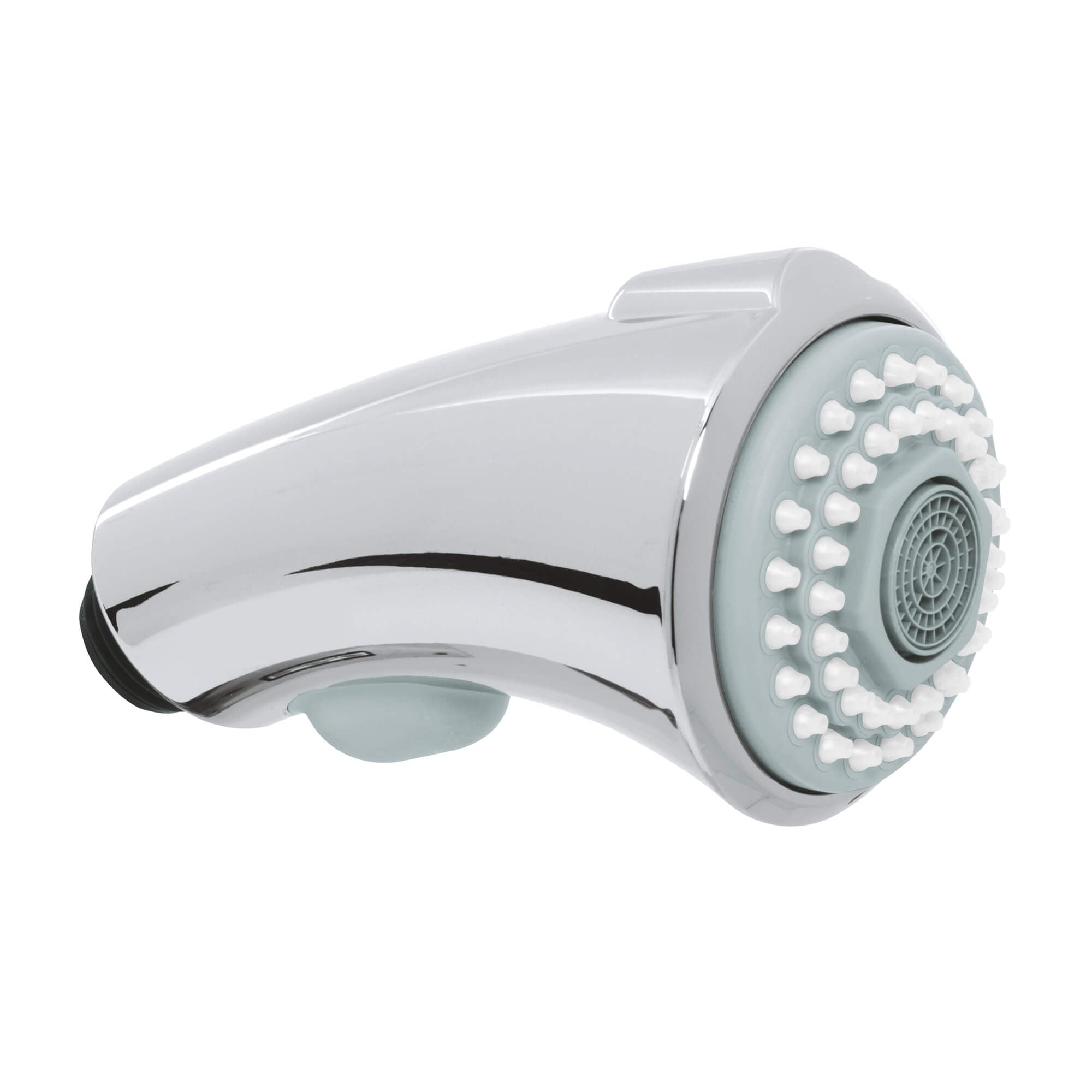 Chrome and light gray pull-out spray head with multiple white spray nozzles and black grip band.