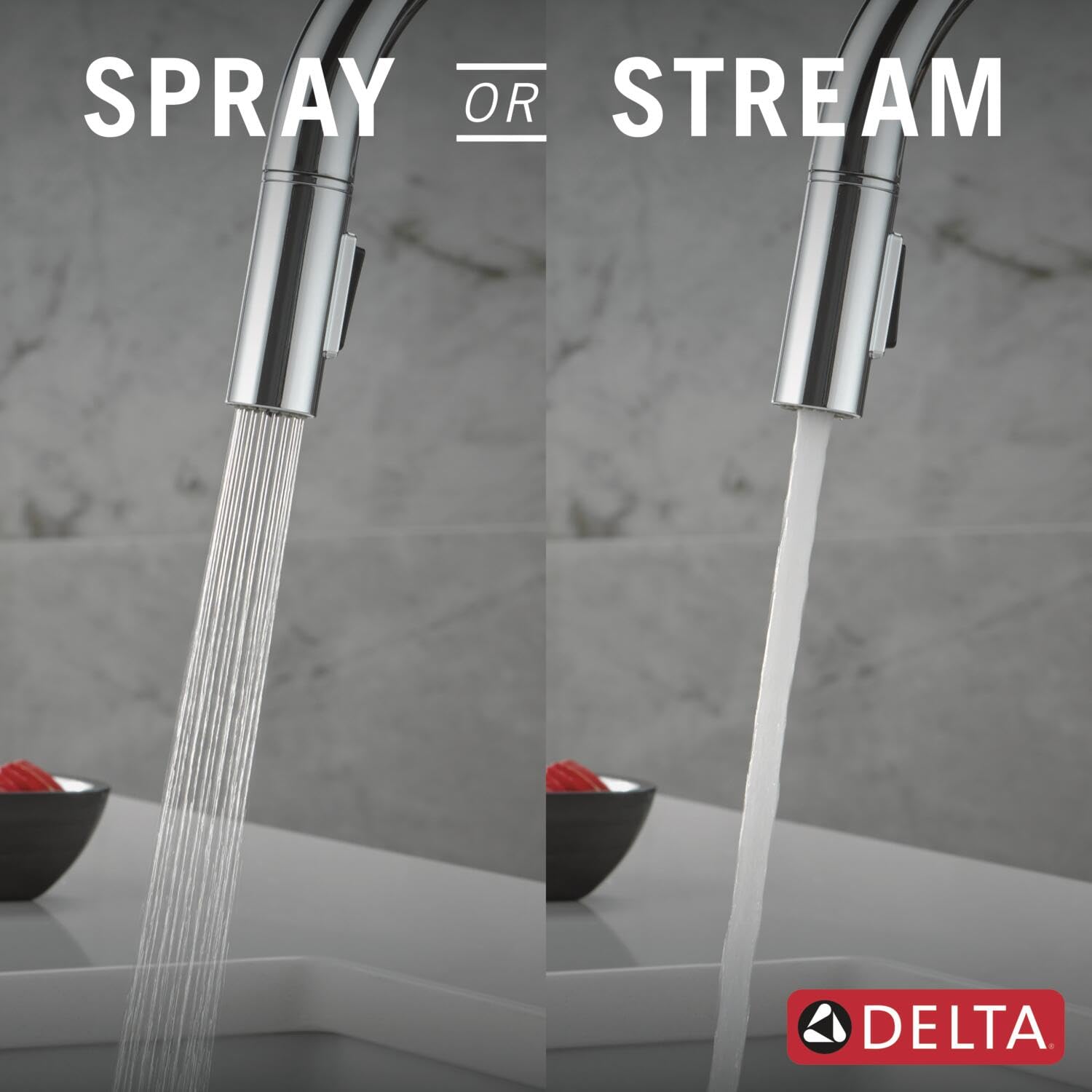 Chrome pull-down kitchen faucet with single handle shown in spray and stream modes over sink.
